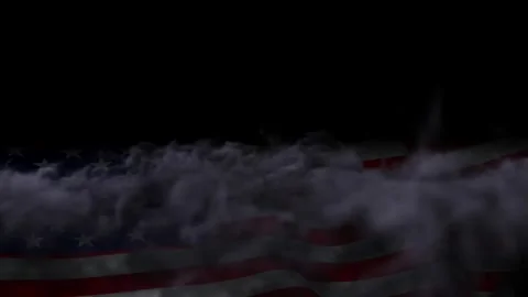 Dark american flag waving with thick smoke overlay with video low key shot Stock Footage 343805148