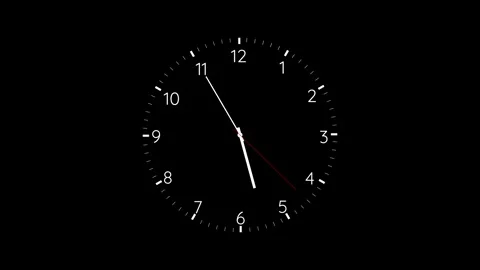 Dark analog time clock visual white dial marks, clean numeric face, and red seco Stock Footage 340571802