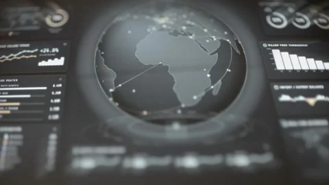 Dark analytics panel combines an illuminated globe Stock Footage 343355684