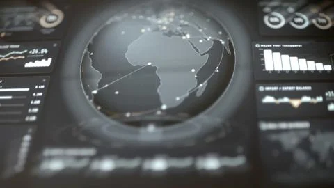 Dark analytics panel combines an illuminated globe Stock Photos