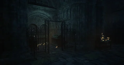 Dark, ancient crypt with ornate gate and lit candles in a mysterious setting Stock Footage 321348605