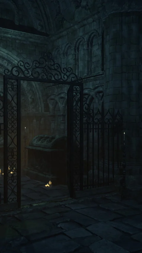 Dark, ancient crypt with ornate gate and lit candles in a mysterious setting 스톡 동영상 327262637