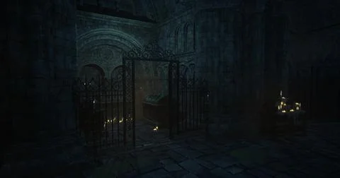 Dark, ancient crypt with ornate gate and lit candles in a mysterious setting Ilustración de archivo