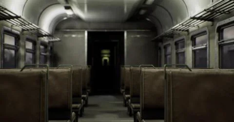 Dark and abandoned train interior with empty seats in a derelict environment Stock Illustration