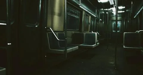 Dark and empty subway car during late night commute hours Stock Illustration