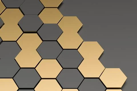 Dark and golden hexagon pattern background, 3d rendering. Stock Illustration