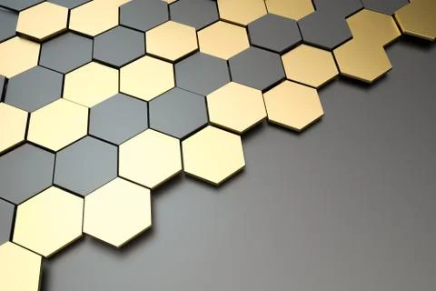 Dark and golden hexagon pattern background, 3d rendering. Illustrazione stock