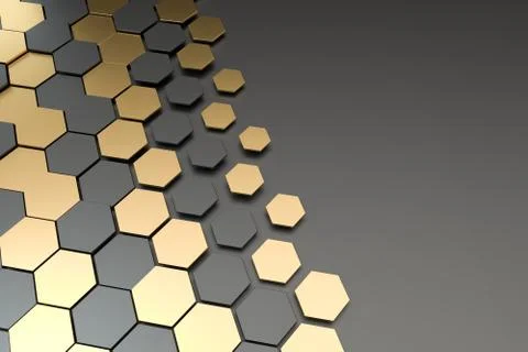 Dark and golden hexagon pattern background, 3d rendering. Illustrazione stock