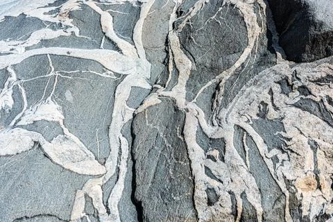 Dark and light grey migmatite rock sanded down by the sea Stock Photos