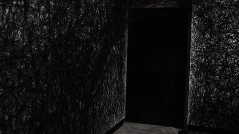 A dark and mysterious corridor surrounded by tangled black threads, leading into Stock Footage 304357891