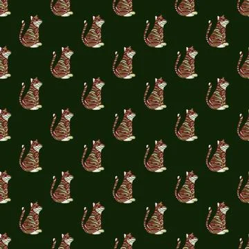 Dark animal exotic seamless pattern with doodle brown tiger print. Green back 스톡 일러스트