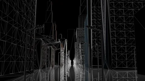 Dark architectural drawing wireframe 3D cityscape architecture design city Stock Footage 107575305