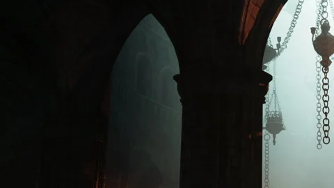 Dark archway inside a large ancient building with hanging lights Stock Footage 343553364