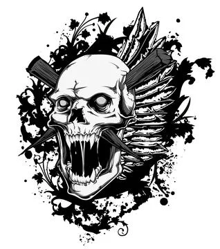 Dark Art Winged Skull Vector Illustration T-Shirt Design Stock Illustration
