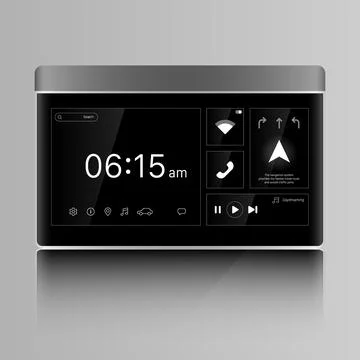 Dark automotive dashboard interface with navigation and media controls Illustrazione stock