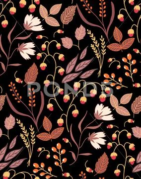 Dark Autumn floral seamless pattern Fall autumn leaves. Nature symbol vector Stock Illustration