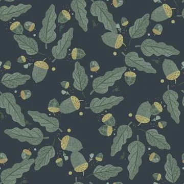 Dark autumn seamless pattern with hand drawn oak tree leaves and acorns shape Ilustración de archivo