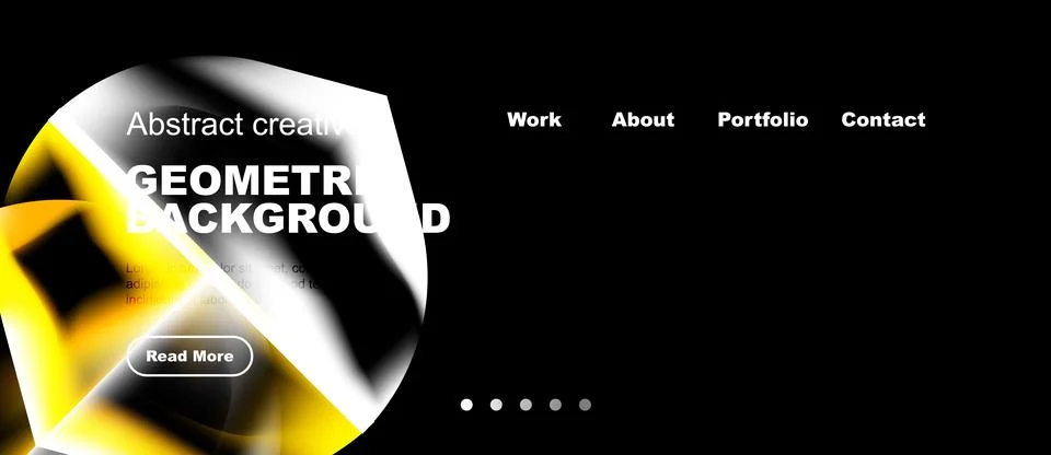 Dark backdrop features abstract geometric shapes, yellow highlights, navigati Stock Illustration