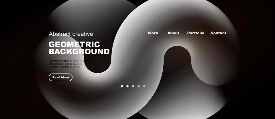 Dark backdrop features abstract shapes, text elements, navigation menu. Moder Illustrazione stock