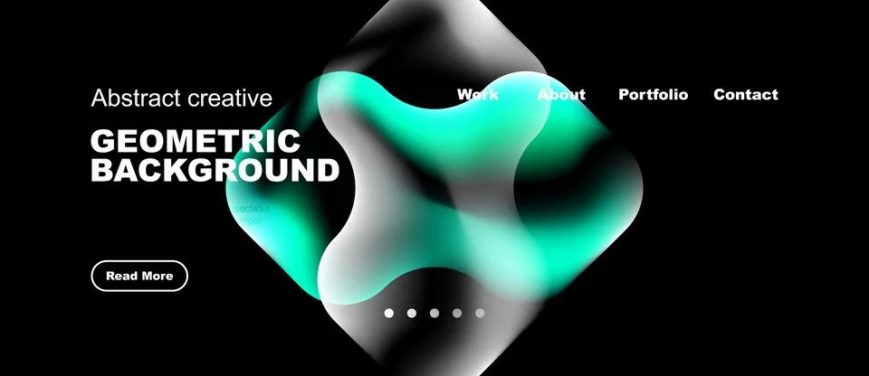 Dark backdrop features abstract shapes, text elements, navigation menu. Moder Stock Illustration