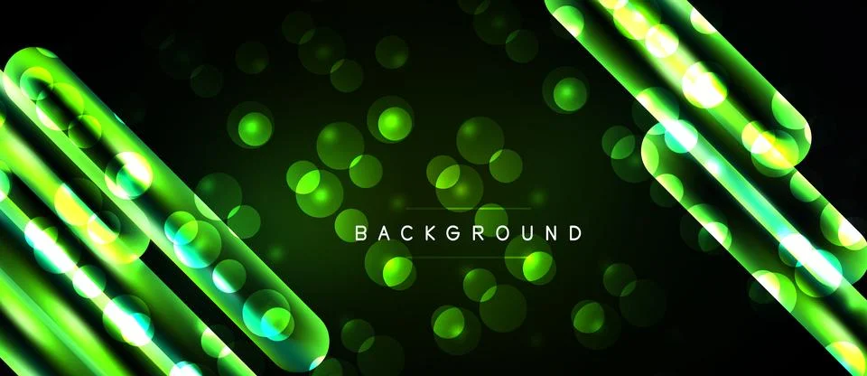 Dark backdrop features bright neon green lines, circles. Modern design evokes Stock Illustration