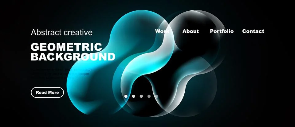 Dark backdrop features flowing shapes, text elements, navigation menu. Modern Stock Illustration