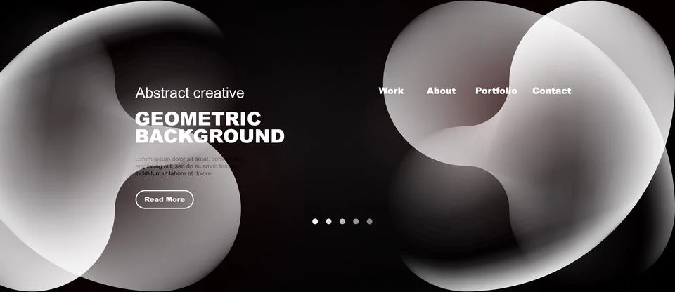 Dark backdrop features flowing white shapes, text elements, navigation option Stock Illustration