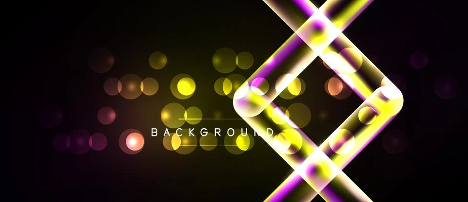 Dark backdrop features glowing geometric lines, circles. Bright yellow, purpl Stock Illustration