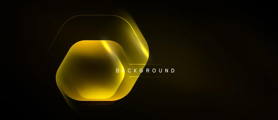 Dark backdrop features glowing hexagon shape. Gold gradients create depth, Stock Illustration
