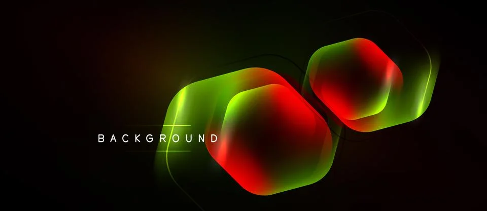 Dark backdrop features glowing hexagonal shapes. Gradient colors blend from Stock Illustration