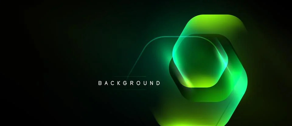 Dark backdrop features glowing hexagonal layers. Vibrant green hues create Stock Illustration