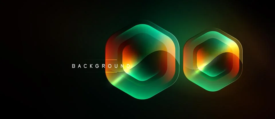 Dark backdrop features glowing hexagonal shapes. Vibrant green, orange hues Stockillustratie