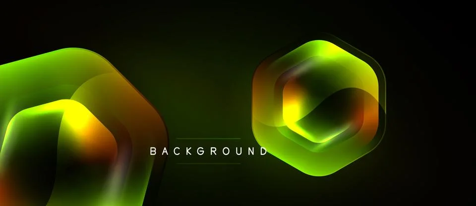 Dark backdrop features glowing hexagonal shapes. Gradient colors blend green, Stock Illustration