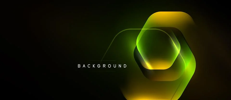 Dark backdrop features glowing hexagonal layers. Yellow, green hues create Illustrazione stock