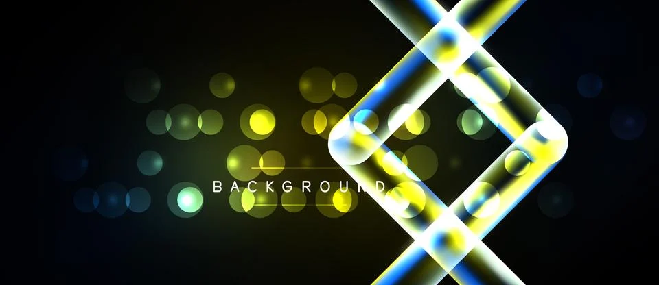 Dark backdrop features glowing neon lines forming diamonds. Bokeh effects add Illustrazione stock