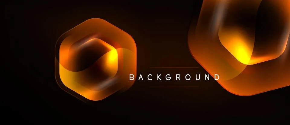 Dark backdrop features glowing orange geometric shapes. Hexagon, rounded form Stock Illustration