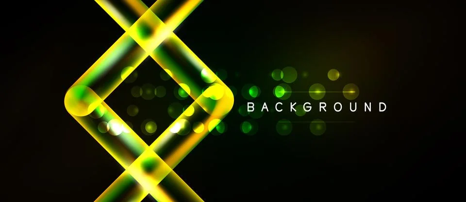 Dark backdrop features glowing yellow geometric shapes, lines, dots. Modern Ilustração Stock