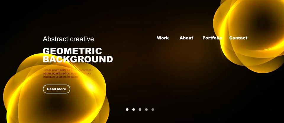 Dark backdrop features golden abstract shapes, text elements, navigation menu Stock Illustration