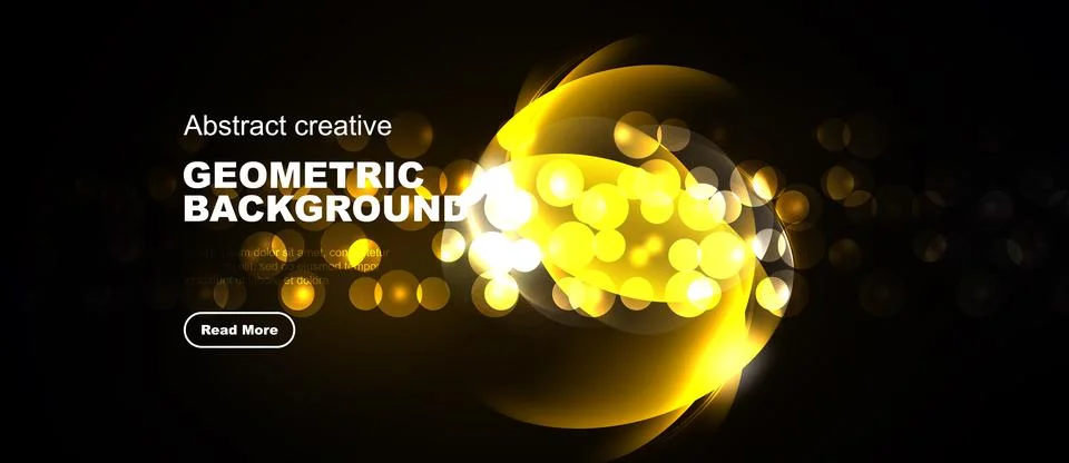 Dark backdrop features golden geometric shapes, swirls, bokeh effects. Text Stock Illustration