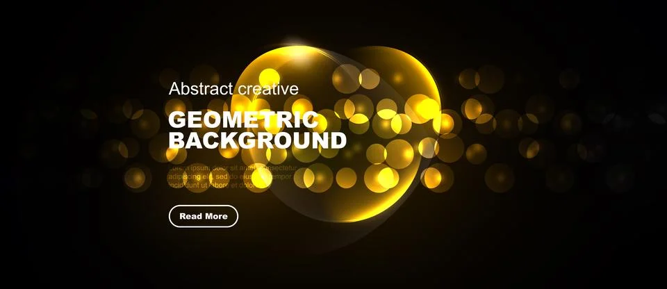 Dark backdrop features golden geometric shapes, circles, text. Button invites 스톡 일러스트