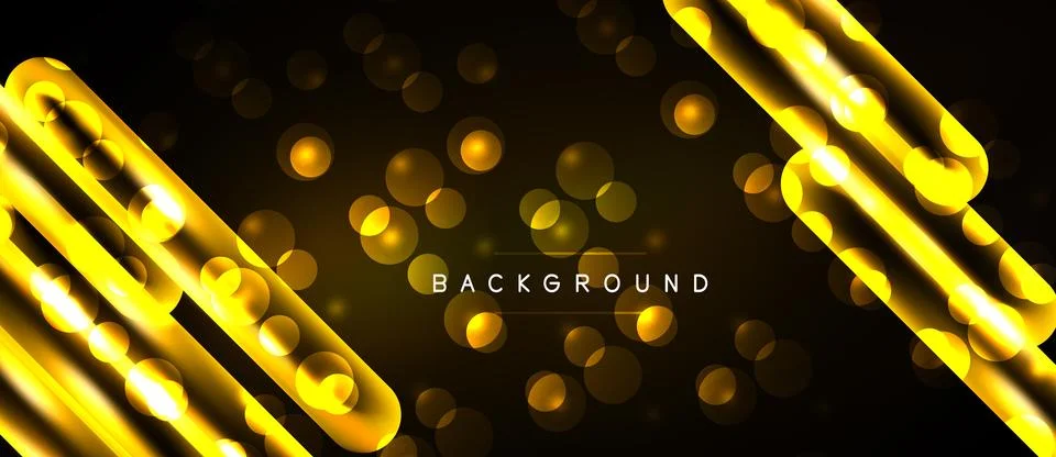 Dark backdrop features golden lines, circles, bright sparkles. Modern design, Stock Illustration