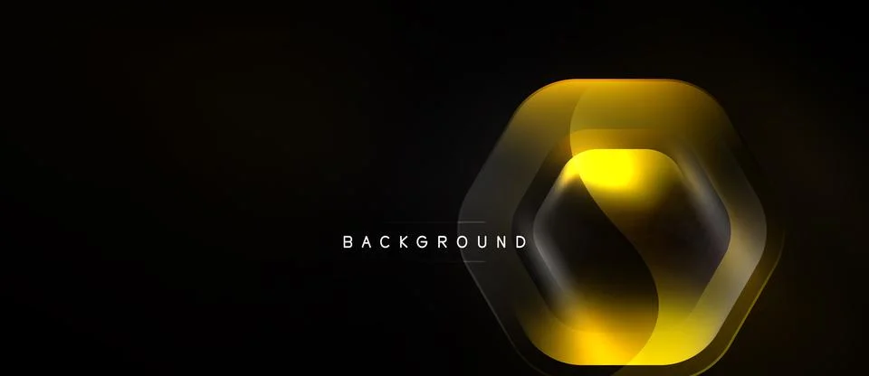 Dark backdrop features layered hexagon shapes. Golden hues create glowing e.. Stock Illustration