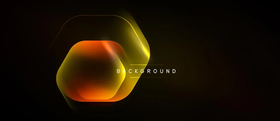 Dark backdrop features layered hexagon shapes. Vibrant orange, yellow hues Stock Illustration