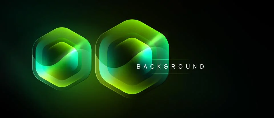 Dark backdrop features layered hexagonal shapes. Vibrant green, turquoise hue Stock Illustration