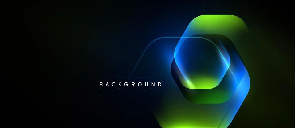 Dark backdrop features layered hexagonal shapes. Vibrant blue, green hues c.. Illustrazione stock
