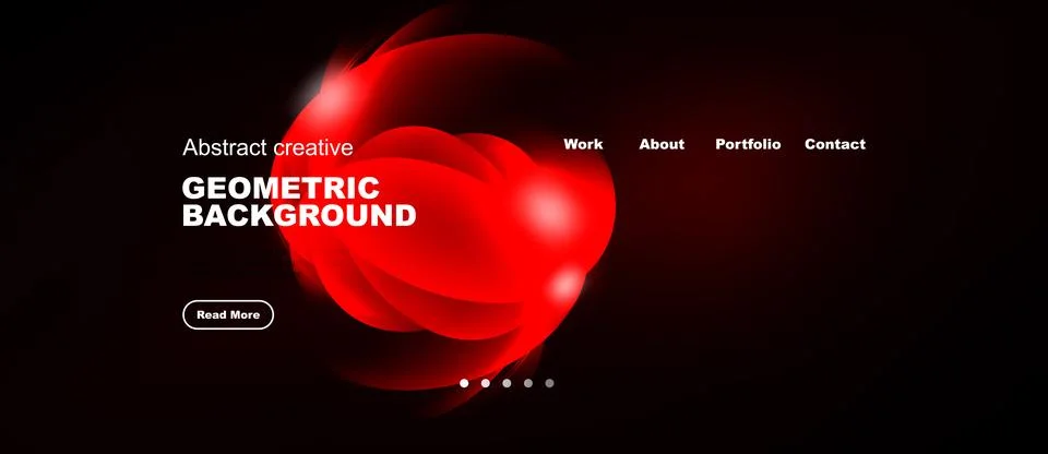 Dark backdrop features red abstract shapes, text elements, navigation menu. Illustrazione stock