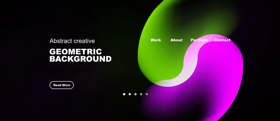 Dark backdrop features vibrant abstract shapes. Green, purple hues blend, Stock Illustration