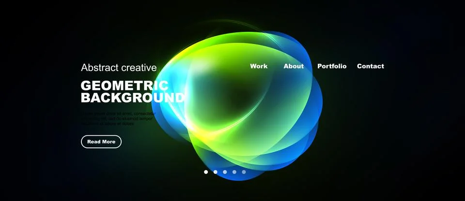 Dark backdrop features vibrant abstract shapes, text elements, navigation Stock Illustration