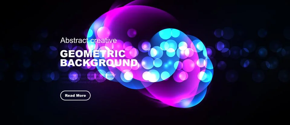 Dark backdrop features vibrant abstract shapes, glowing circles, text element Stock Illustration