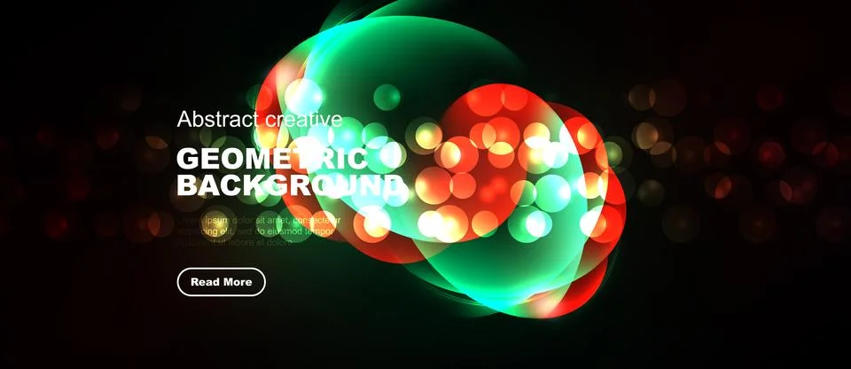 Dark backdrop features vibrant circles, green glows, red dots. Geometric desi Stock Illustration
